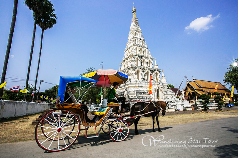 Pleasant 15 minute journey down river aboard spacious new and comfortable teak fitted cruise boaTour by horse and carriage to visit 6 temple at wiang kum kam about 45 minute- 1 hr. 