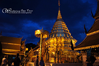 Doi Suthep Temple, the most important temple in Chiang Mai. Exercising time by walking up 306 steps to the temples or taking the funicular to the temple with the attitude at 1,100m above the sea level